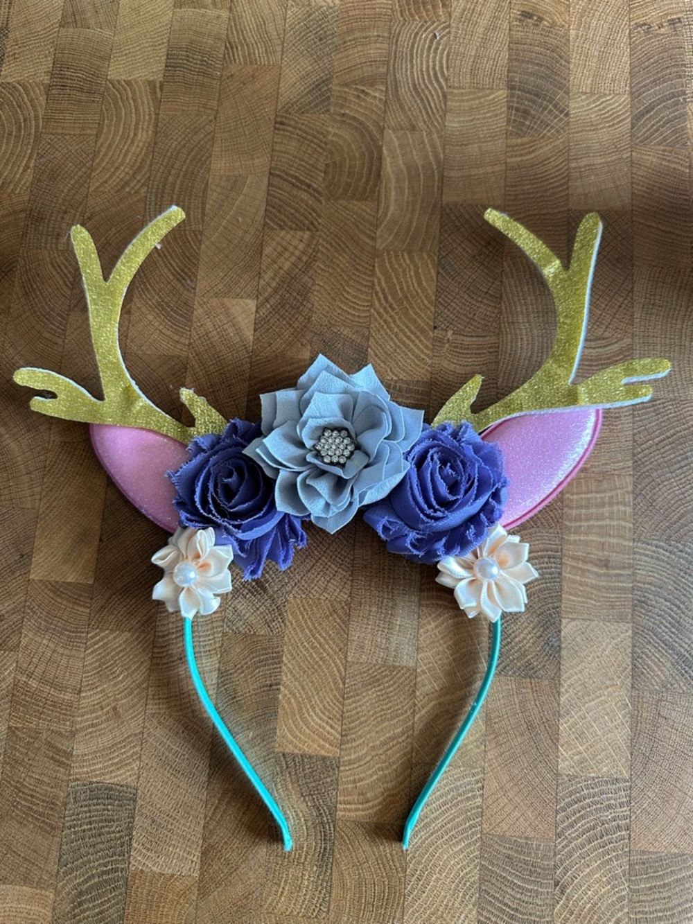 Floral Deer Antler Headband. Pink,Gold & Purple Flower Festival Jackalope rabbit